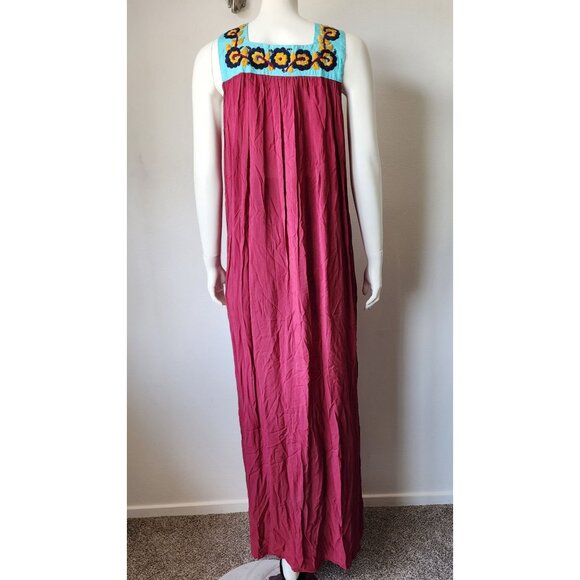 Silvia Suarez blue yellow embroidered floral burgundy red maxi babydoll dress S - Picture 3 of 4